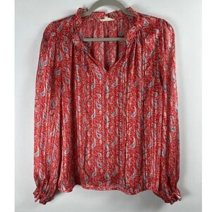 Y'coo Paris Blouse S Red Blue Paisley Metallic Ruffle V-Neck Boho Chic Peasant